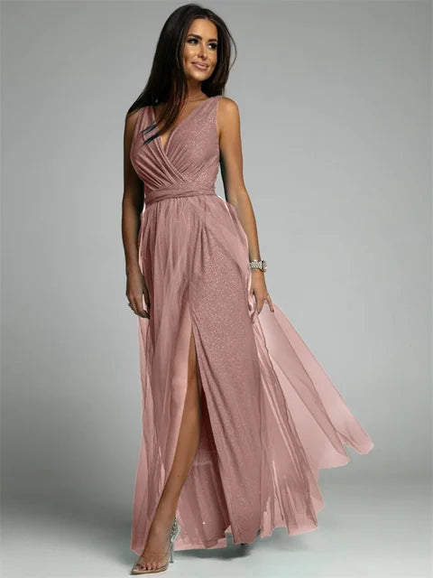 Elegant V-Neck Sleeveless Dress with Slit Hem, Plus Size Formal Wedding Guest Cocktail Dress