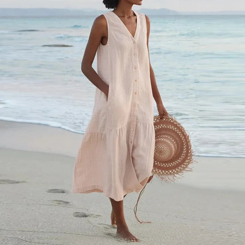 Sommerliches, lockeres Patchwork-Kleid aus Baumwoll-Leinen-Mischgewebe mit V-Ausschnitt – Midi-Länge im Strandstil für Damen