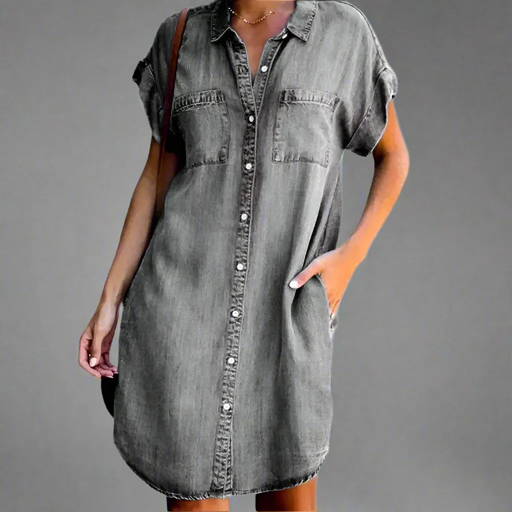 Women's Summer Denim Shirt Dress - Casual Loose Pocket Retro Commuter Office Style