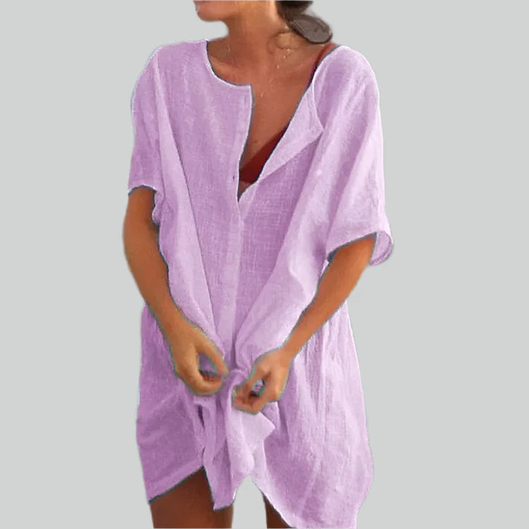 Cotton Linen Long Blouse Summer Short Sleeve Vintage Oversized Casual Shirt