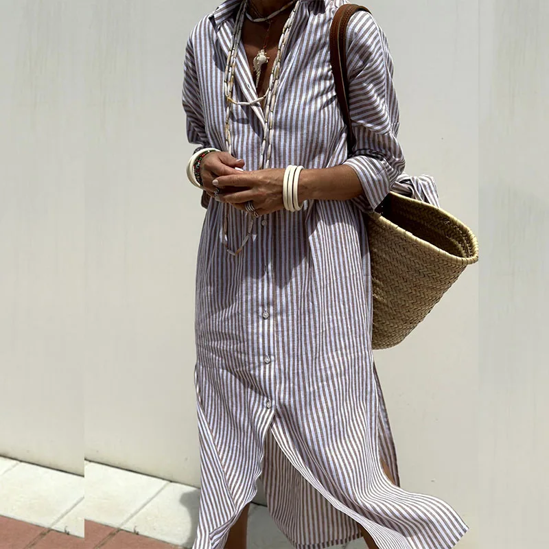 Elegant Women's Striped Shirt Dress, Comfortable Casual Wear for Summer, Versatile Fit in Premium Fabric, Sizes S-XL