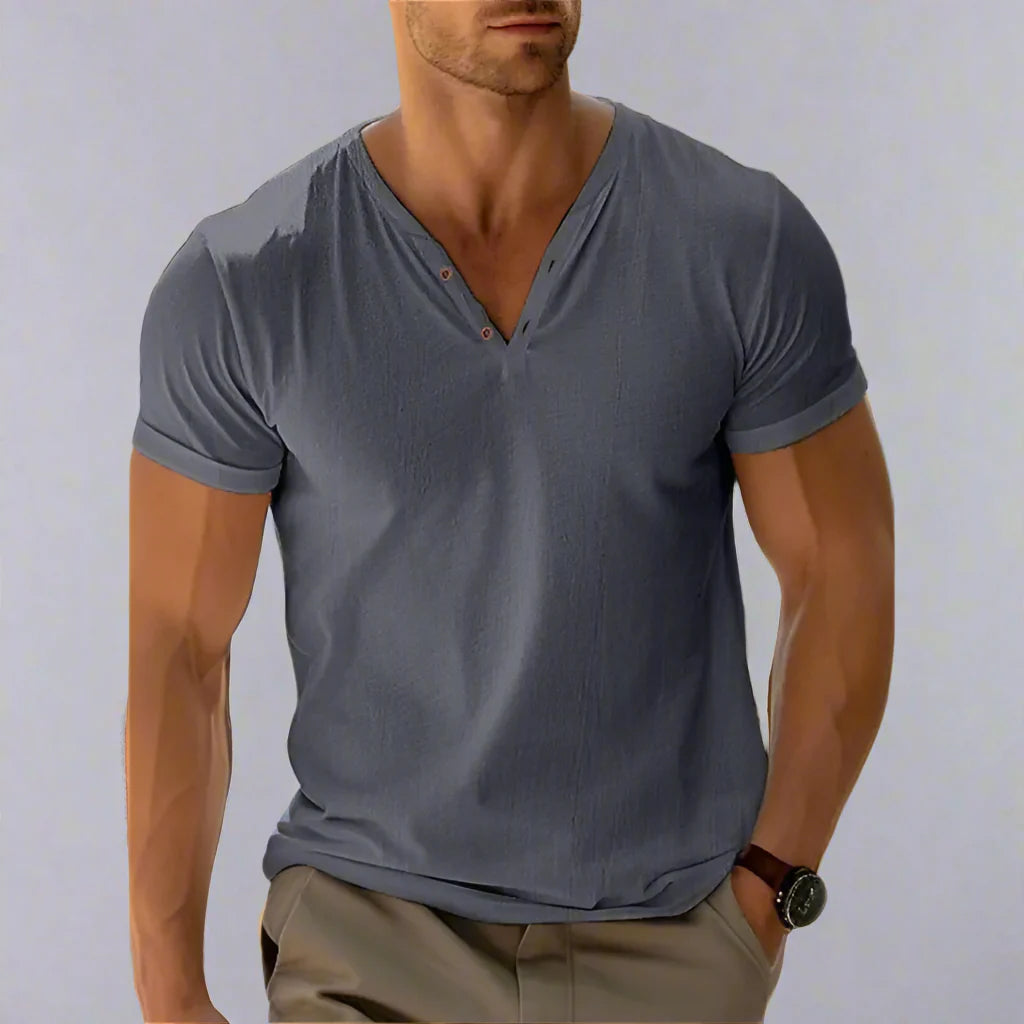 Beach Holiday Casual Men's V-Neck T-Shirt Top - Soft Solid Color Summer Fitness Wear