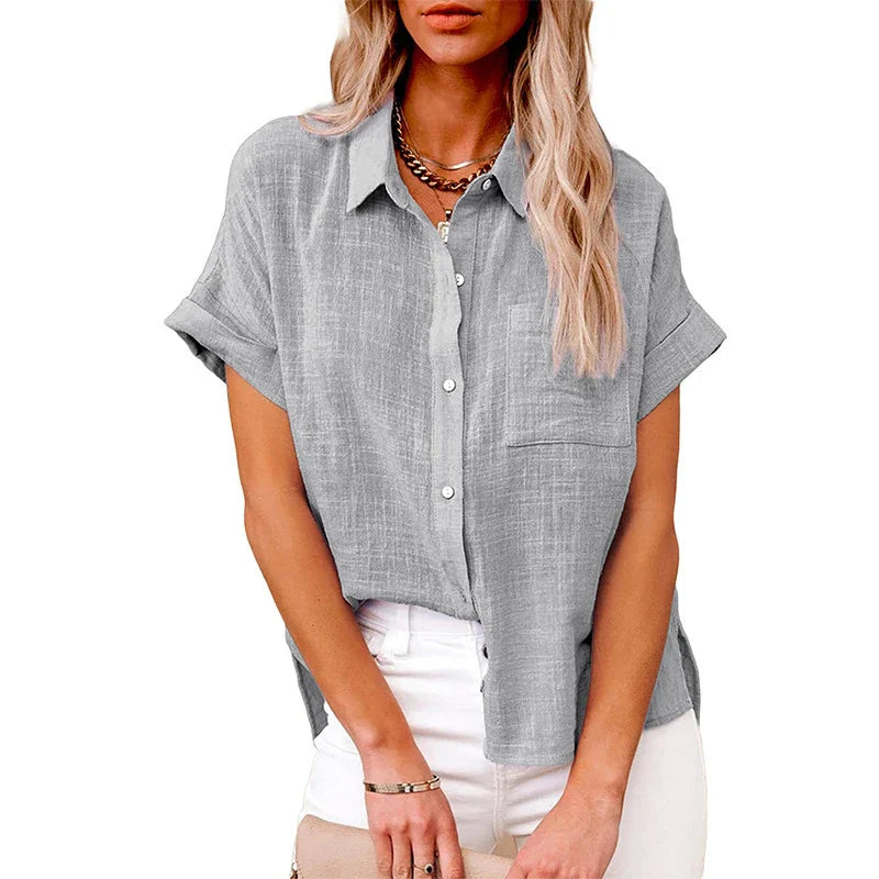 Linen Shirt Short Sleeve Casual Loose Fit Blouse Fresh Sweet Style Polyester Fabric