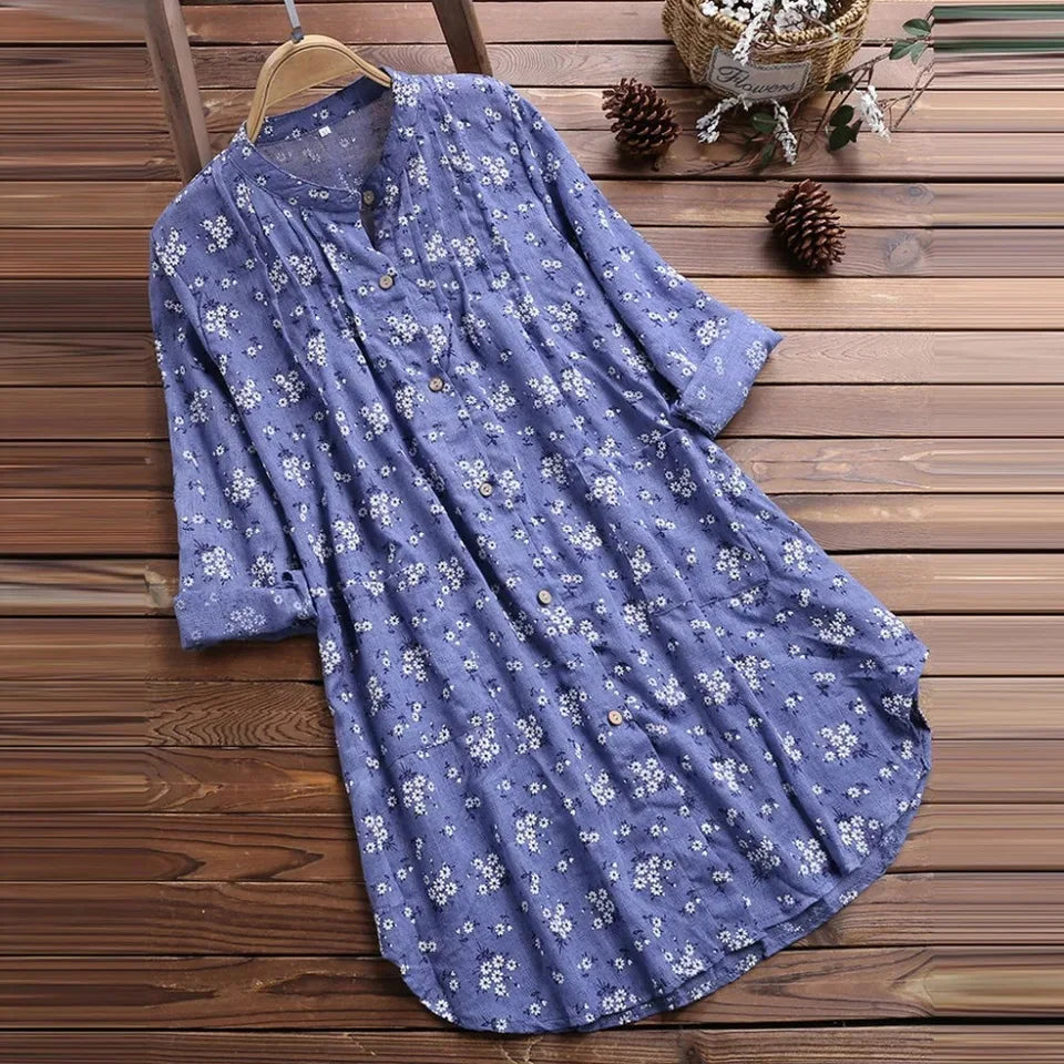 Elegant Long Cotton Linen Shirt - Floral Print Blouse for Women, Full Sleeve Spring Autumn Fashion