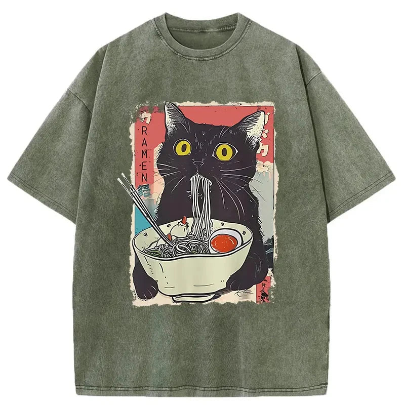 bbb Cute Cat Eating Ramen Washed T-Shirt