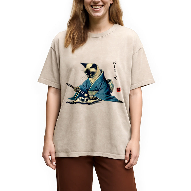 bbb Cat In Kimono Eating Sushi Washed T-Shirt
