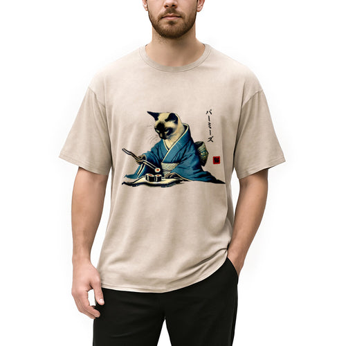 Cat In Kimono Eating Sushi Washed T-Shirt