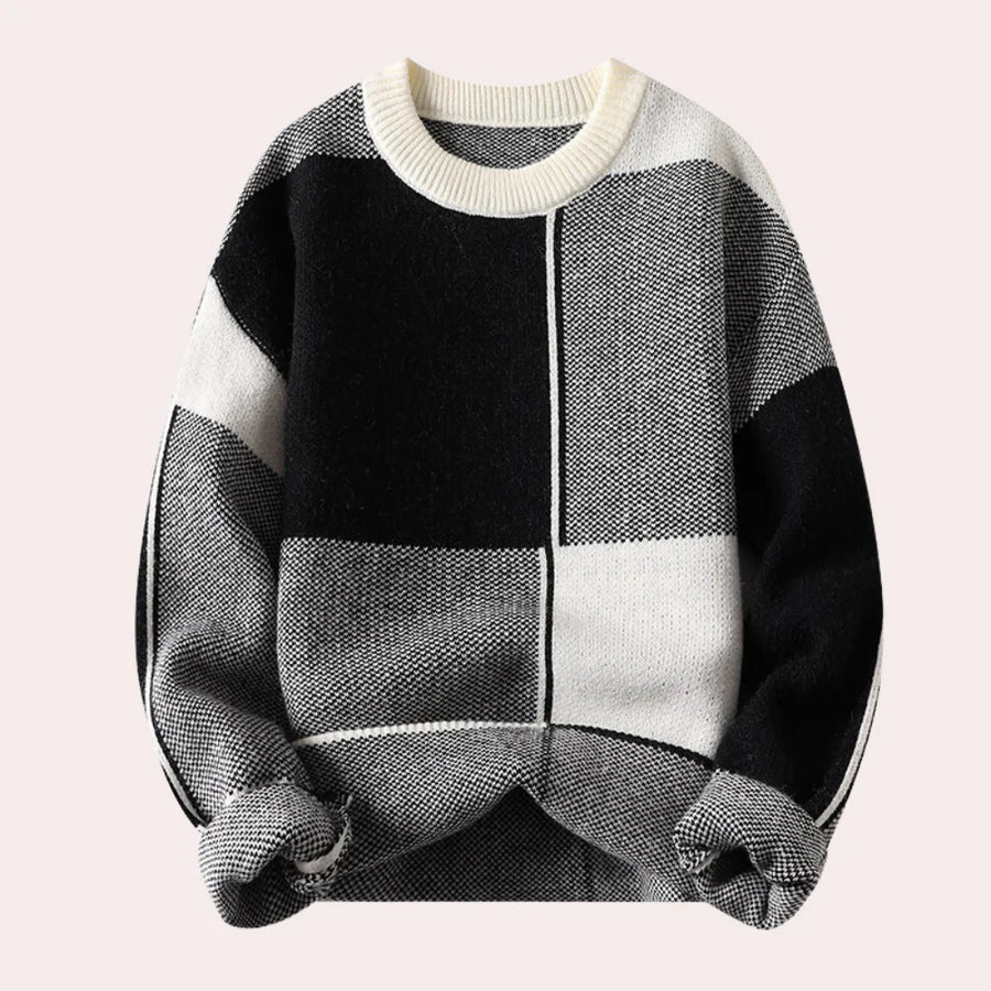 Warm Men’s Sweater - Oversized Check Crewneck, Cotton
