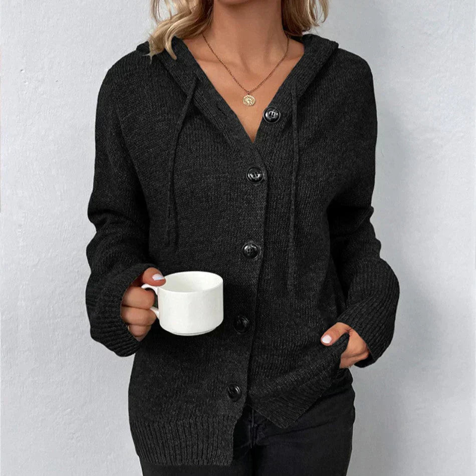 Oversize-Strickjacke für Damen – Kapuze, Knöpfe, Strukturstrick