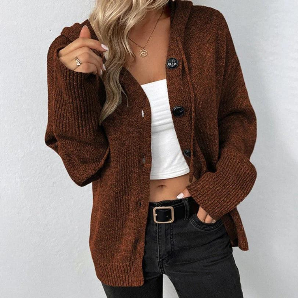 Oversize-Strickjacke für Damen – Kapuze, Knöpfe, Strukturstrick