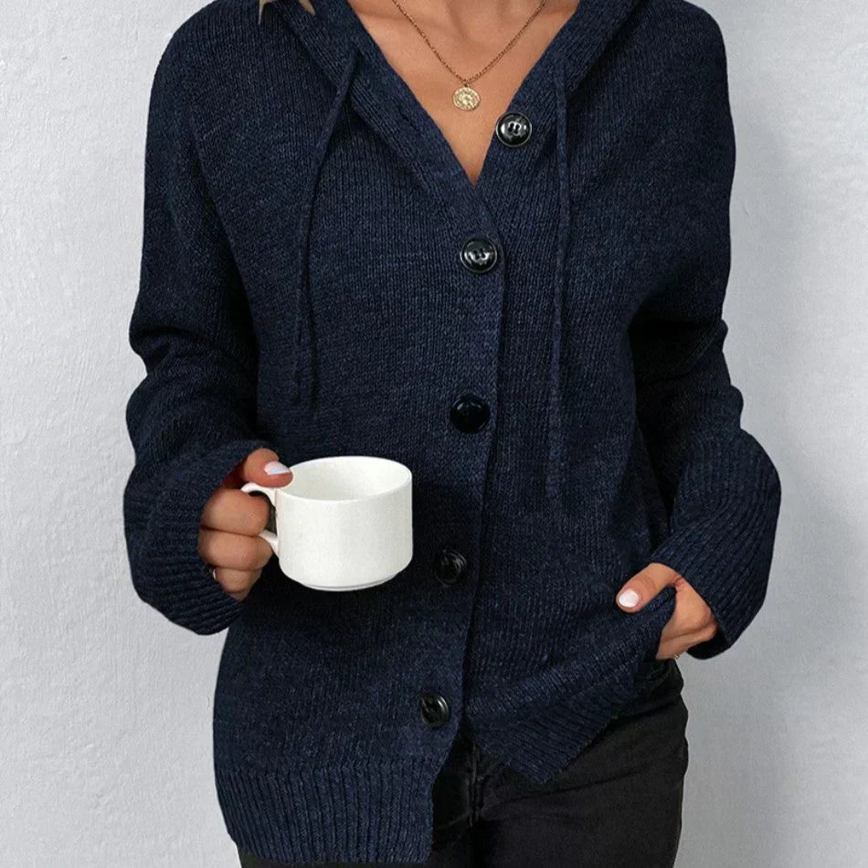 Oversize-Strickjacke für Damen – Kapuze, Knöpfe, Strukturstrick