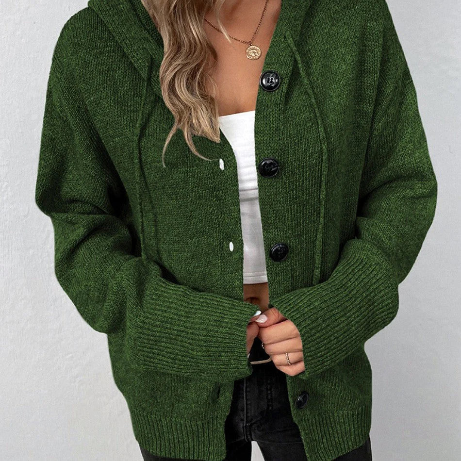Oversize-Strickjacke für Damen – Kapuze, Knöpfe, Strukturstrick