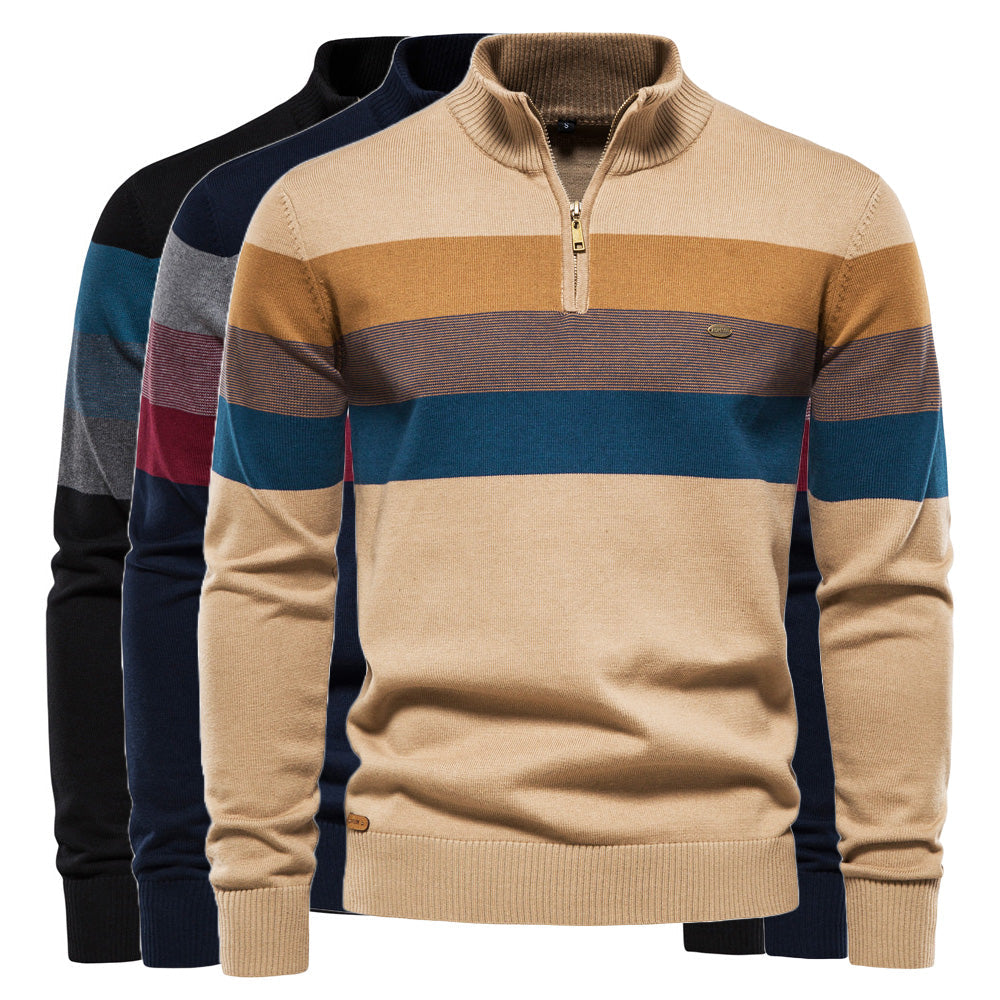 Soft Classic Men’s Zip Pullover - Striped Cotton Casual