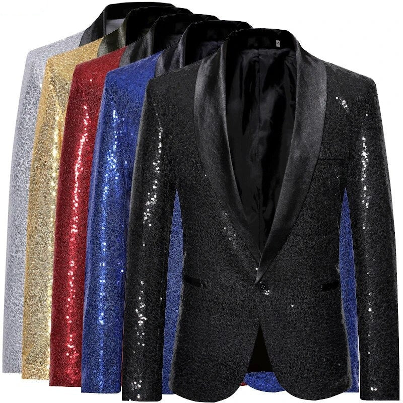 Waterproof men’s blazer jacket – fleece-lined, shiny gold sequin, for formal and casual occasions