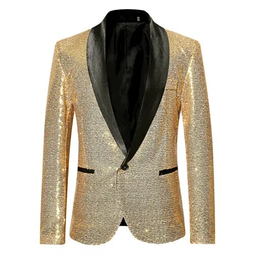 Waterproof men’s blazer jacket – fleece-lined, shiny gold sequin, for formal and casual occasions