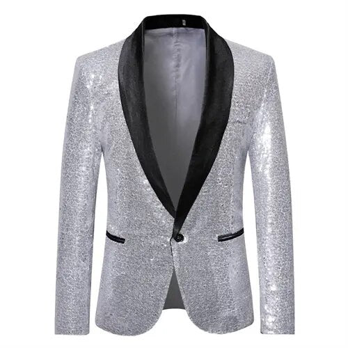 Waterproof men’s blazer jacket – fleece-lined, shiny gold sequin, for formal and casual occasions