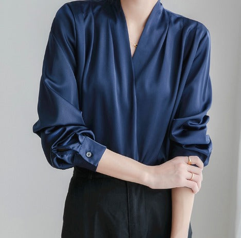 Women's Puff Sleeve Blouse, V-Neck Elegant Top for Casual and Formal Wear, Breathable Fabric, Available in Blue and Black