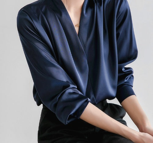 Women's Puff Sleeve Blouse, V-Neck Elegant Top for Casual and Formal Wear, Breathable Fabric, Available in Blue and Black