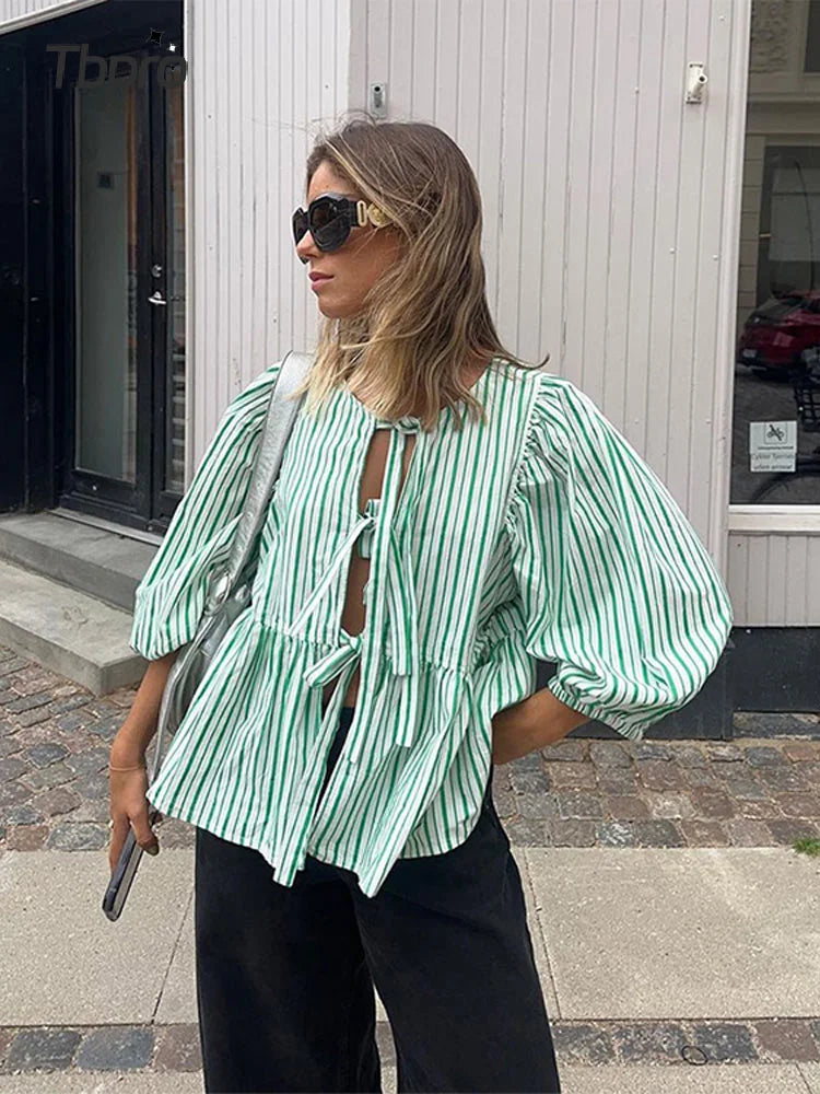 Striped Puff Sleeve Women's Top - Elegant Casual Blouse for Women, Comfortable Fit and Versatile Design
