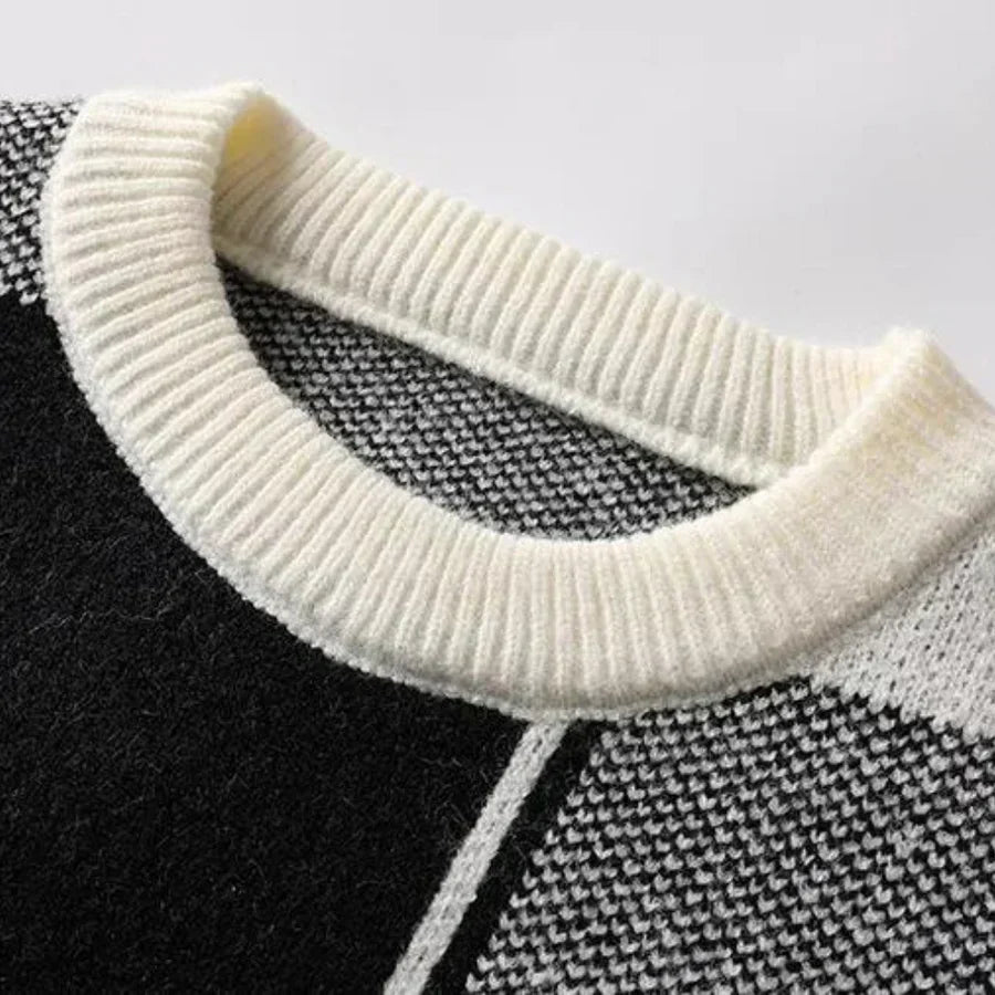 Warmer Herrenpullover – Oversized-Karo-Rundhalsausschnitt, Baumwolle