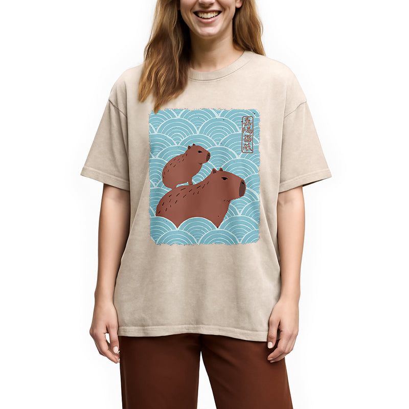 bbb Kawaii Capybara Ukiyo-e Washed T-Shirt