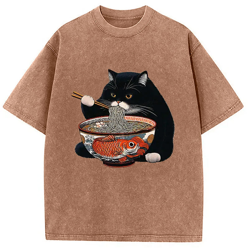 bbb Fat Cat Eating Ramen Washed T-Shirt