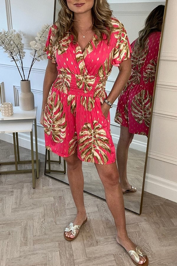 Leafy Print Women's Romper with Smocked Waist, Casual Jumpsuit for Summer Outings and Beach Wear