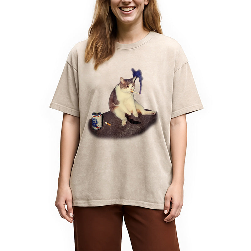 bbb Custom Cat Smoking Meme Washed T-Shirt