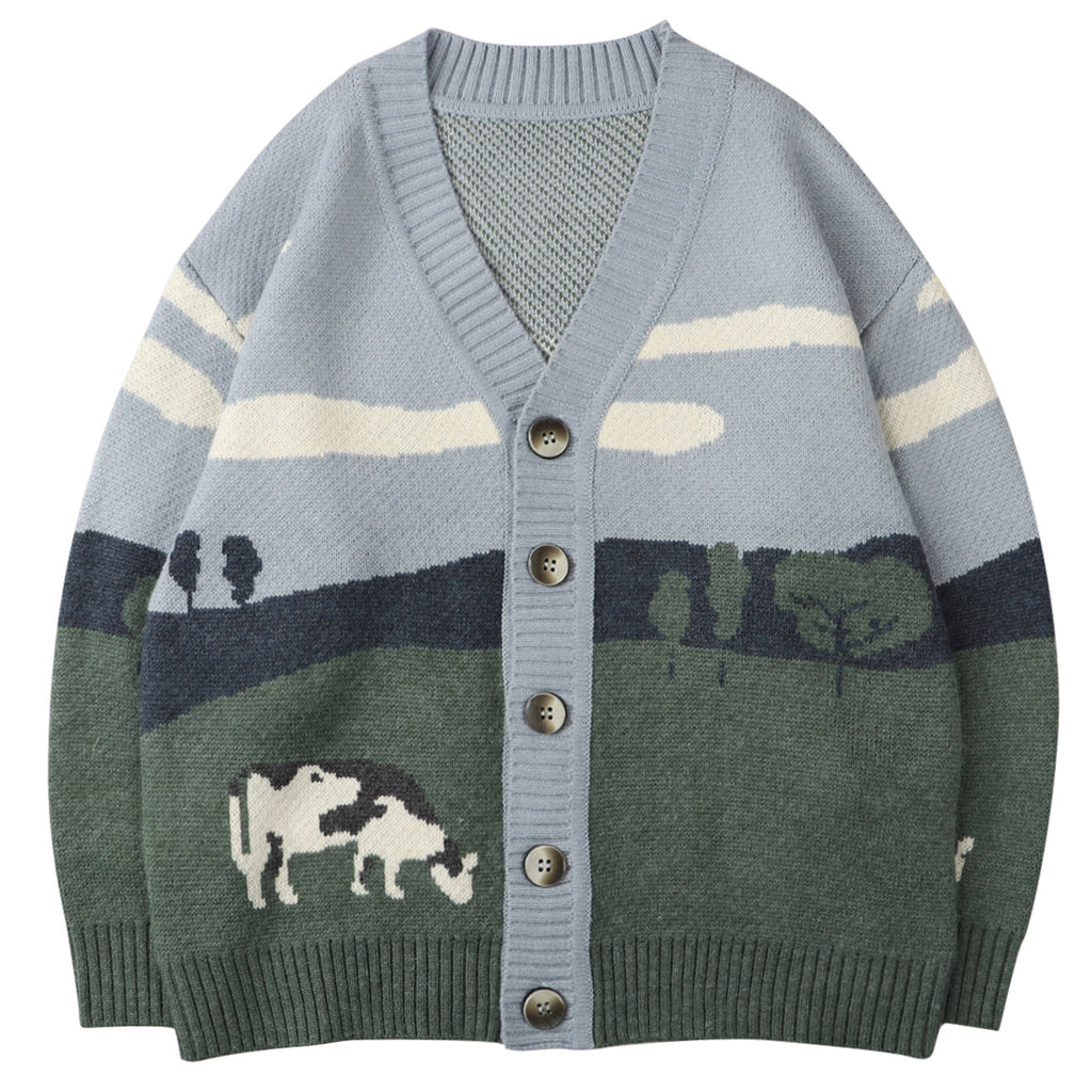 Oversized Relaxed Unisex Cardigan - V Neck Knit Jacquard