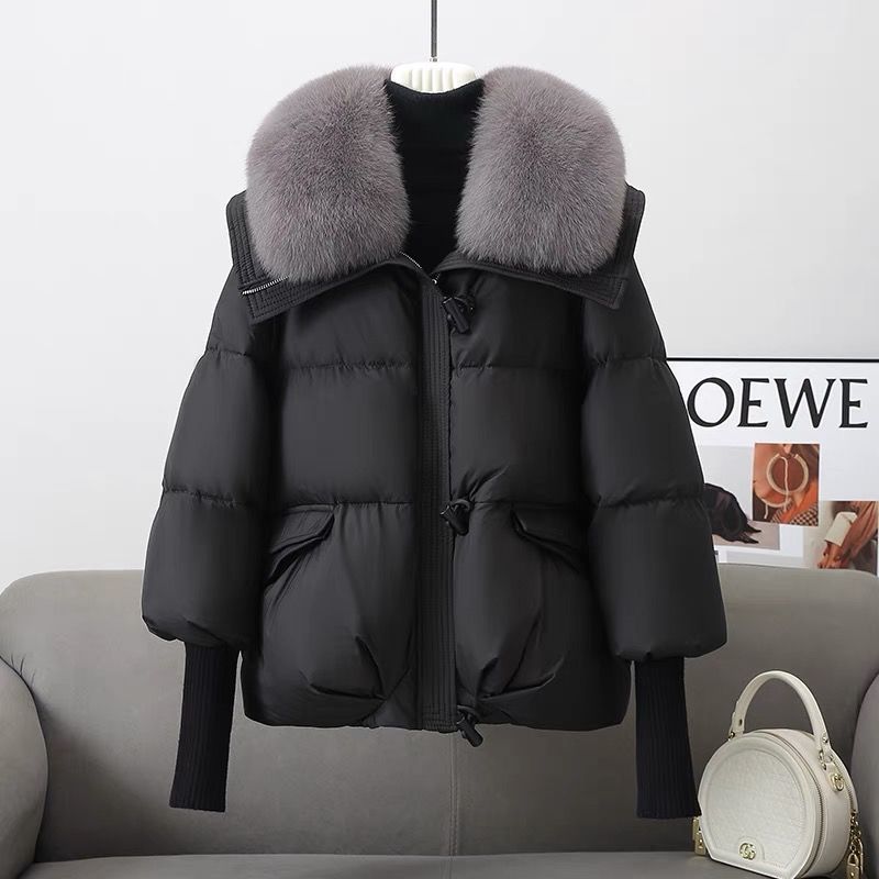 Insulating Women's Puffer Jacket - Short Boxy Fur Collar