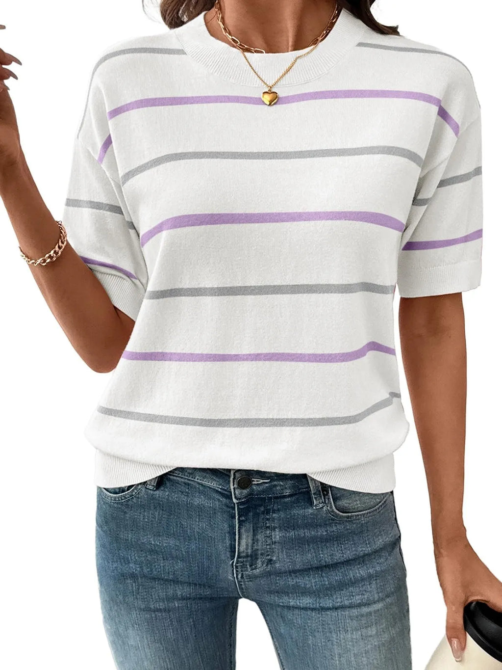 2026 Women's Knitted Striped Crewneck Short Sleeve Sweater