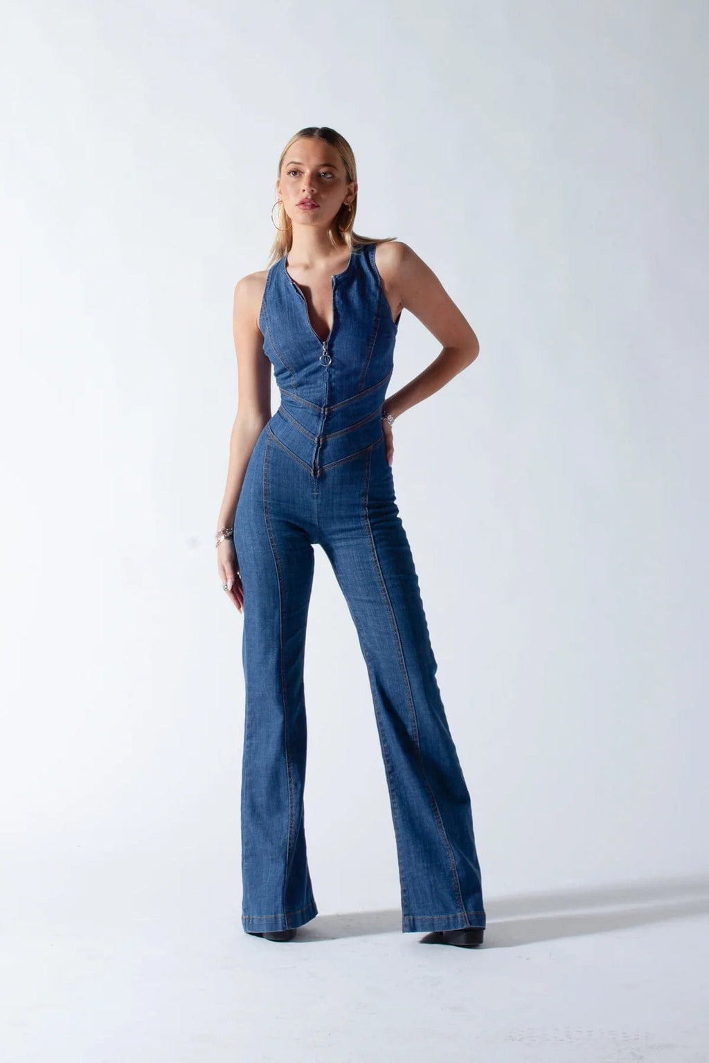 90s Inspired Denim Overalls for Women, Body-Hugging Fit, Classic Denim Blue, Easy Care Jean Jumper