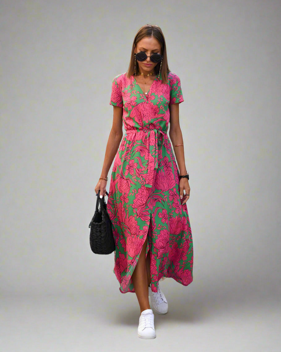 Elegant A-Line Women's Dress with V-Neck and Floral Pattern, Perfect for Summer and Formal Occasions