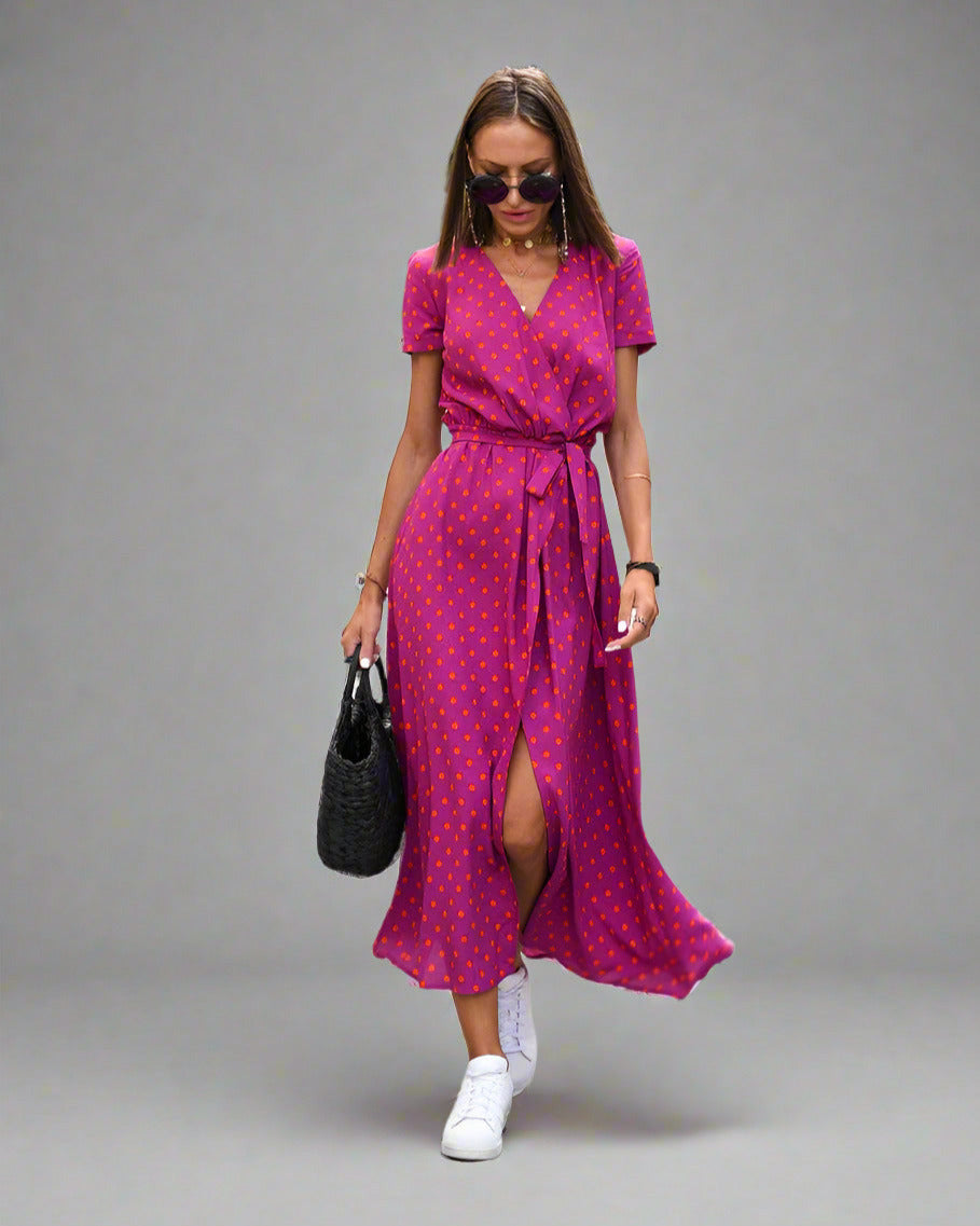 Elegant A-Line Women's Dress with V-Neck and Floral Pattern, Perfect for Summer and Formal Occasions