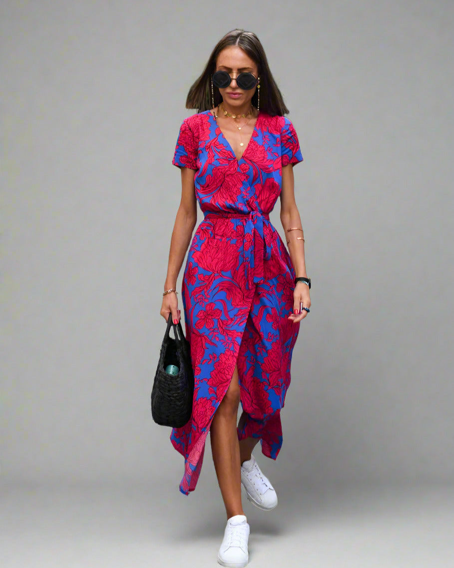Elegant A-Line Women's Dress with V-Neck and Floral Pattern, Perfect for Summer and Formal Occasions