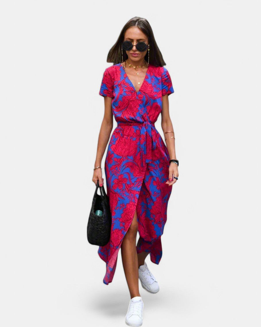 Elegant A-Line Women's Dress with V-Neck and Floral Pattern, Perfect for Summer and Formal Occasions