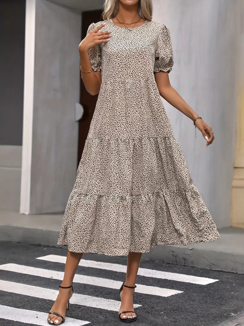 Boho Women's Dress with Puffed Sleeves, Gathered Design, Breathable Fabric, Available in Multiple Colors