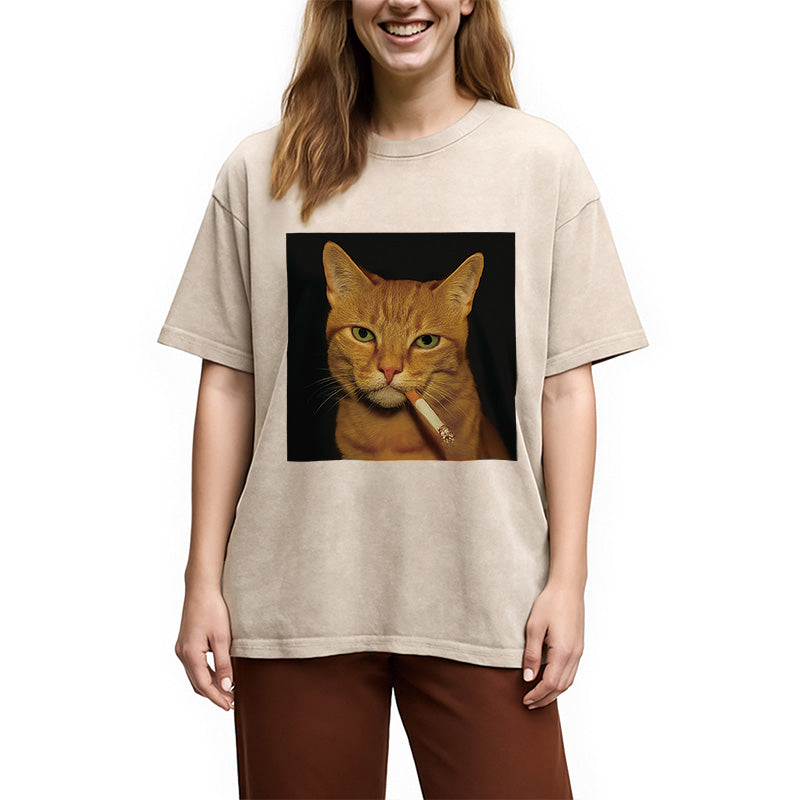 bbb Funny Orange Cat Smoking Meme Washed T-Shirt