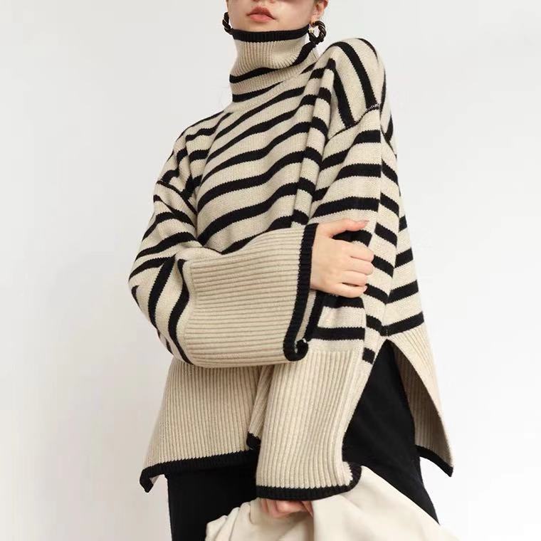 Oversize-Damen-Rollkragenpullover – Strick mit Schlitzen, warm
