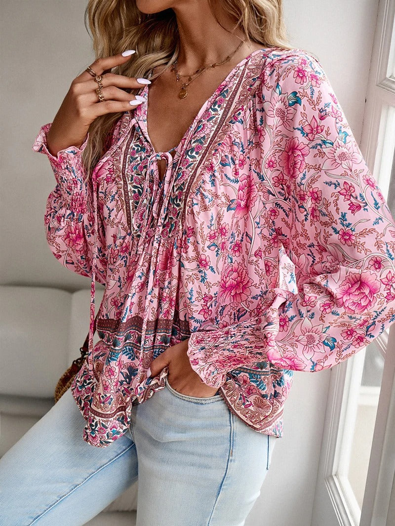 Summer Floral Blouse for Women, Lightweight Cotton Top with Adjustable Fit and Boho Design, Perfect for Casual Outings