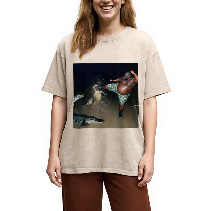 bbb Man Kick Alligator In Swamp Funny Washed T-Shirt