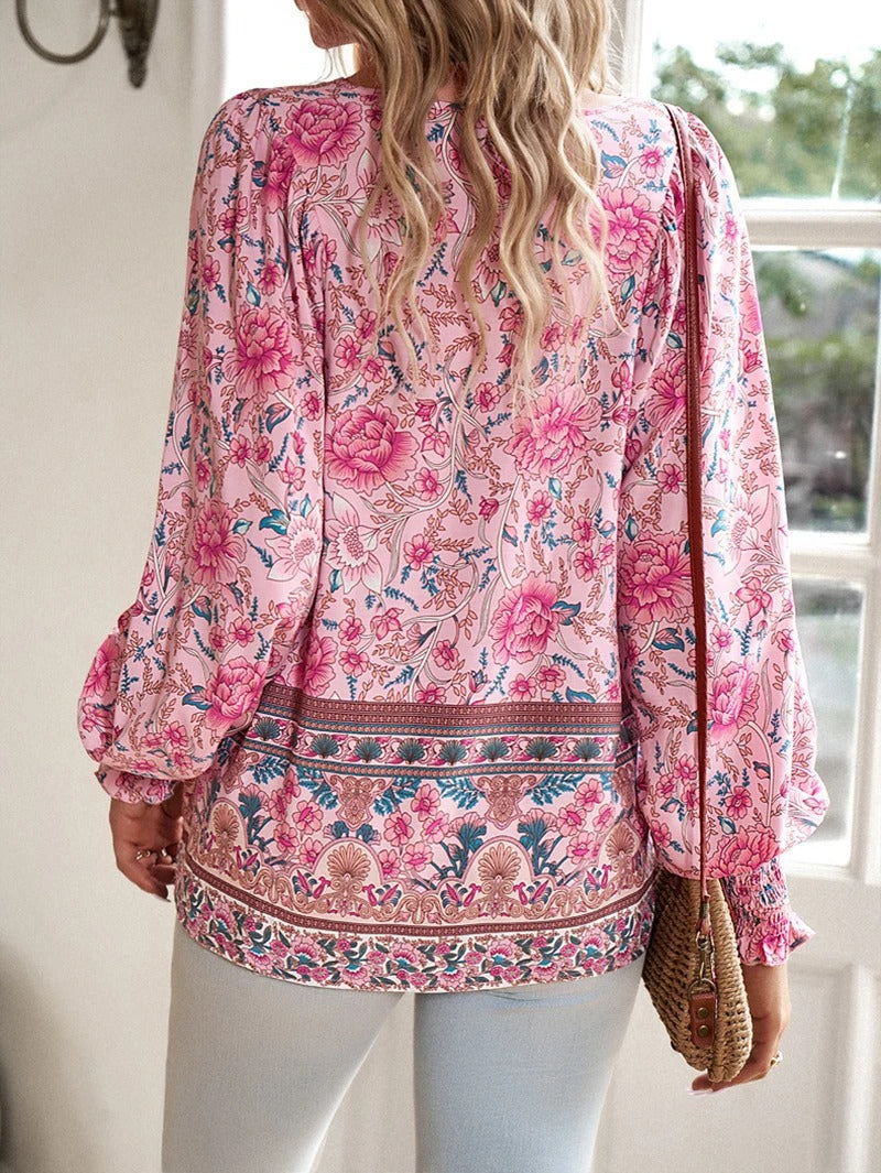 Summer Floral Blouse for Women, Lightweight Cotton Top with Adjustable Fit and Boho Design, Perfect for Casual Outings