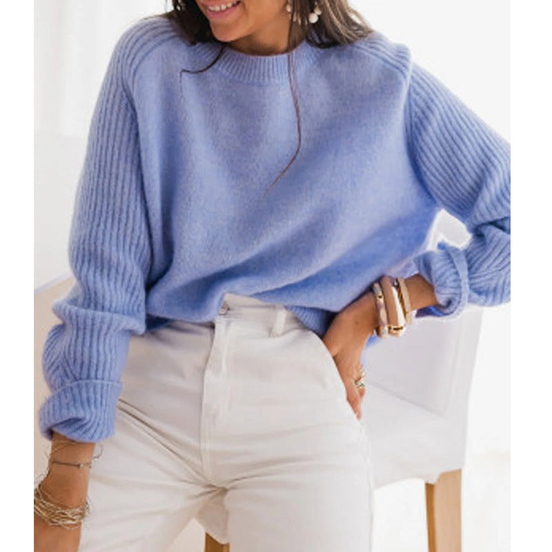 Soft Women's Sweater - Round Neck, Ribbed Knit, Casual
