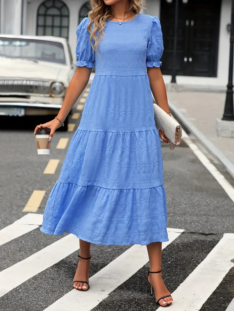 Boho Women's Dress with Puffed Sleeves, Gathered Design, Breathable Fabric, Available in Multiple Colors