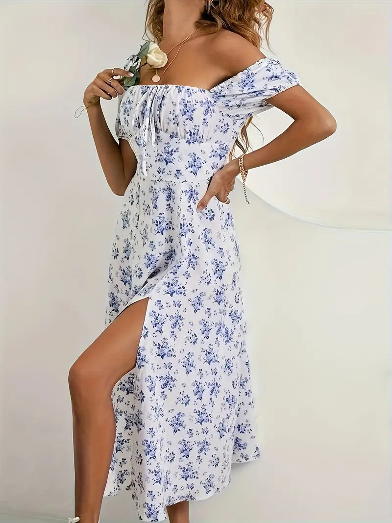 A-Line Floral Summer Dress with Puffed Sleeves for Women - Lightweight Formal Wedding Guest Dresses