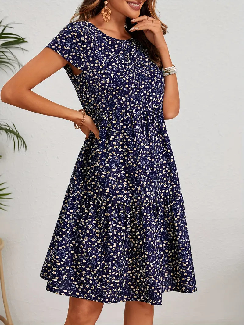 Vintage Floral Wedding Guest Dress with Circular Neckline and Short Sleeves