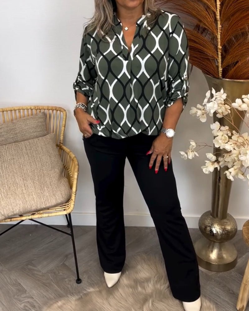 Elegant Women's Blouse with Geometric Pattern, Comfortable Stretch Cotton Summer Top for Versatile Styling