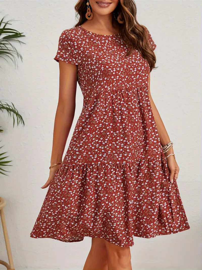 Vintage Floral Wedding Guest Dress with Circular Neckline and Short Sleeves