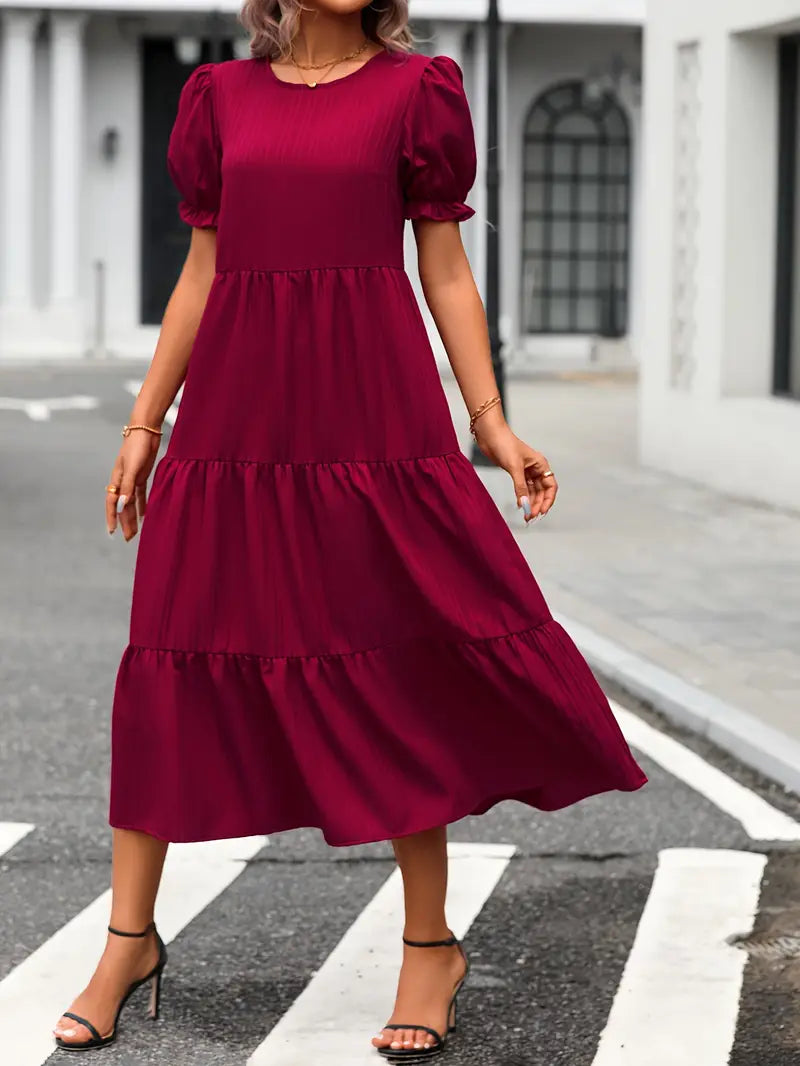 Boho Women's Dress with Puffed Sleeves, Gathered Design, Breathable Fabric, Available in Multiple Colors