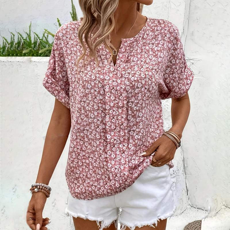 Vintage Floral Womens Blouse, Short Sleeve V-Neck Cotton-Polyester Blend Summer Top for Women